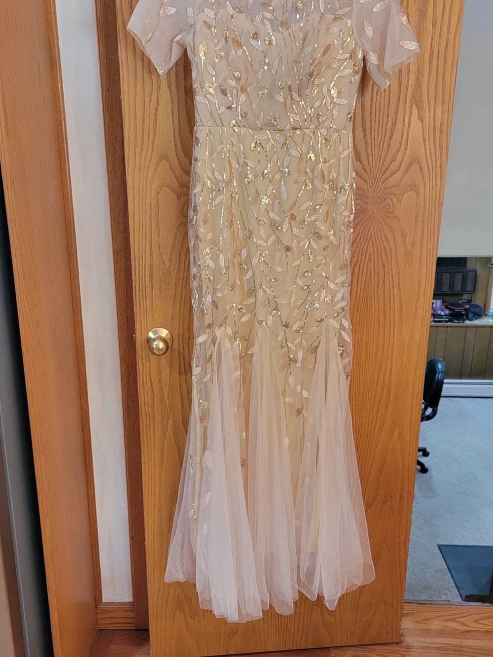 Champagne Gold Leaf Embellished Maxi Dress - Women's Formal Gown
